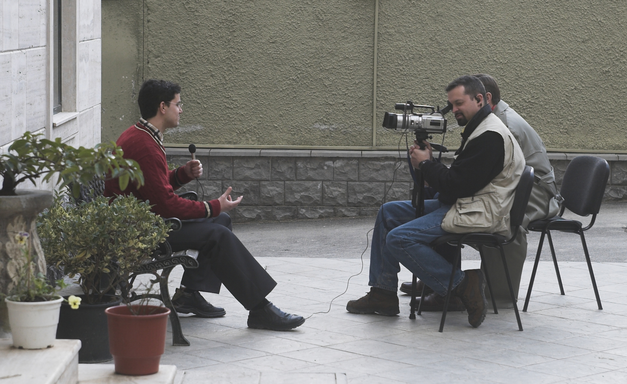 Shooting an interview in Albania.