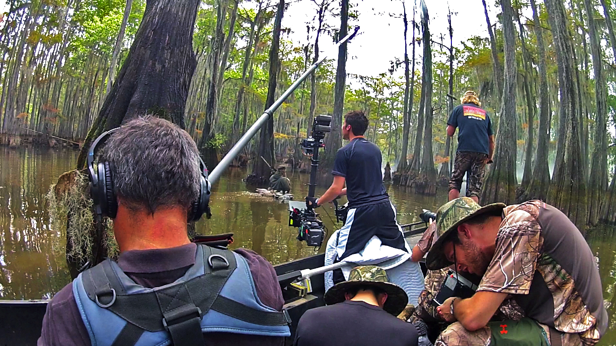 Under Armour commercial with Willie Robertson of Duck Dynasty. The Steadicam is hard mounted to the boat in Low-mode so the lens can float just above the water