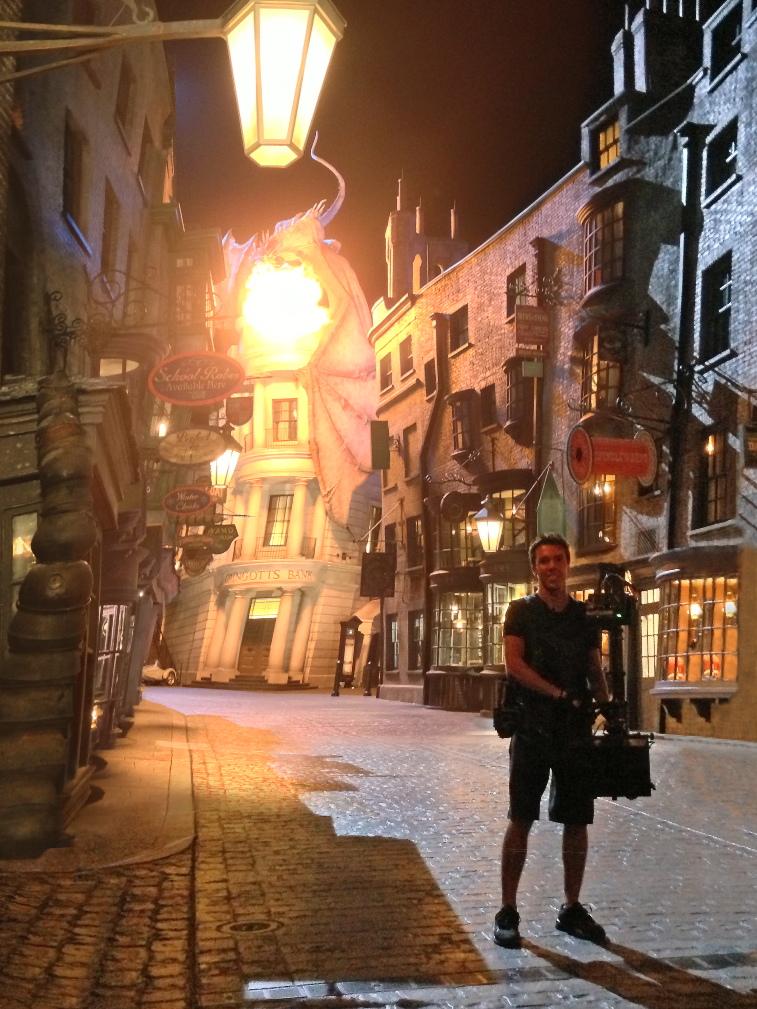 Standing in Diagon Alley with the fire breathing dragon after a successfull shoot for the Harry Potter commercials