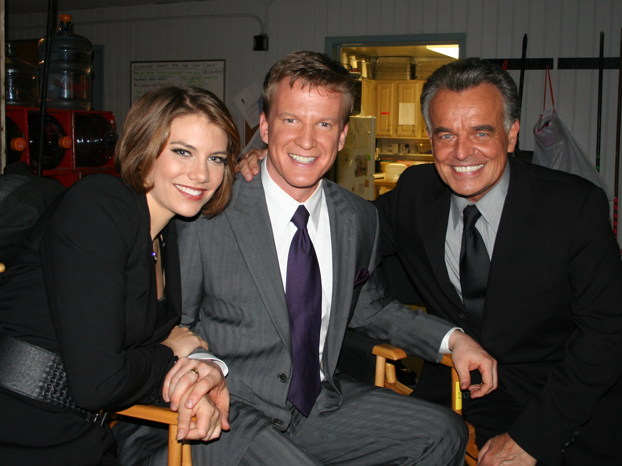 On set of CHUCK: Lauren Cohan, Graham Clarke and Ray Wise