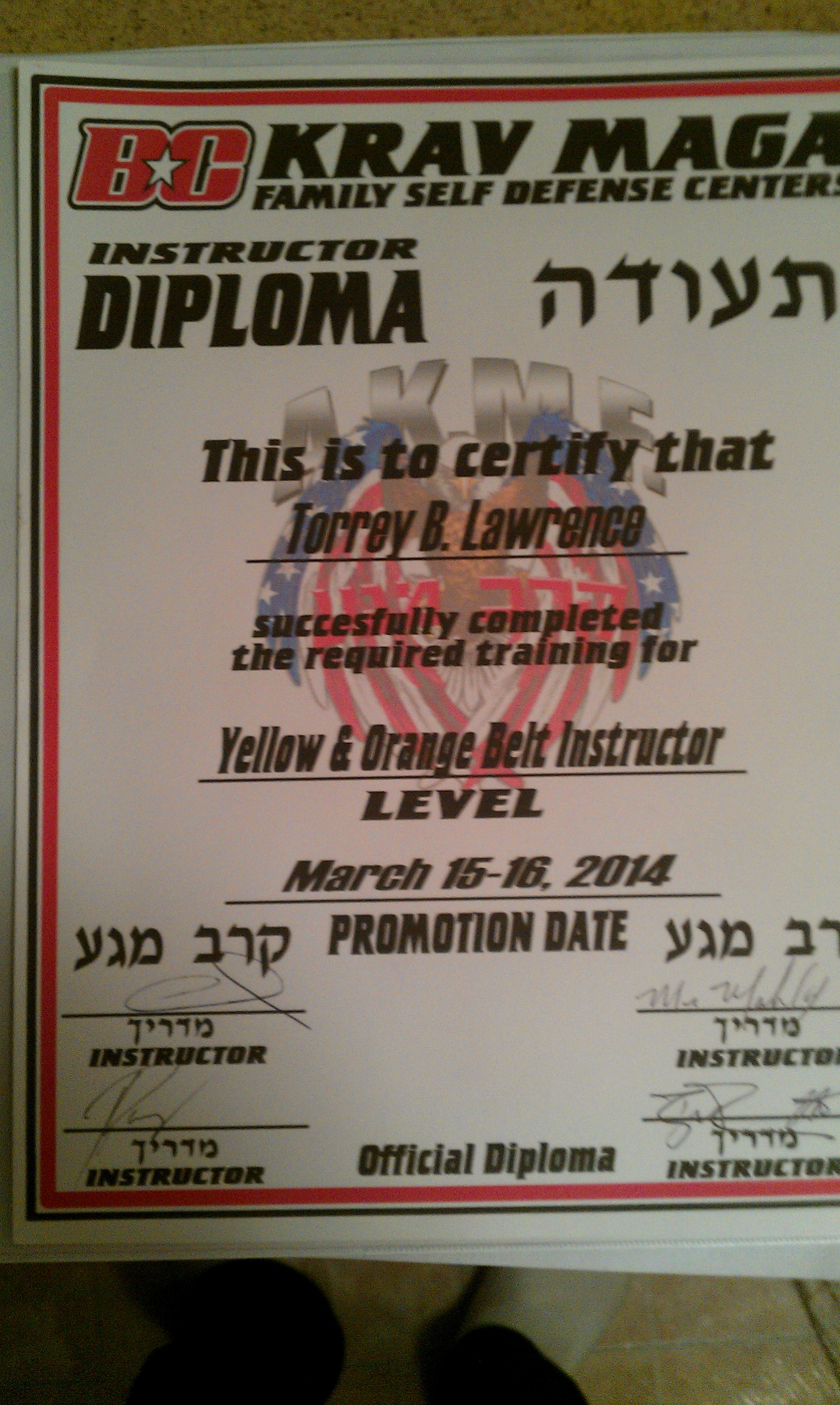 March 2014 I received my Yellow/Orange belt instructor certification in Krav Maga
