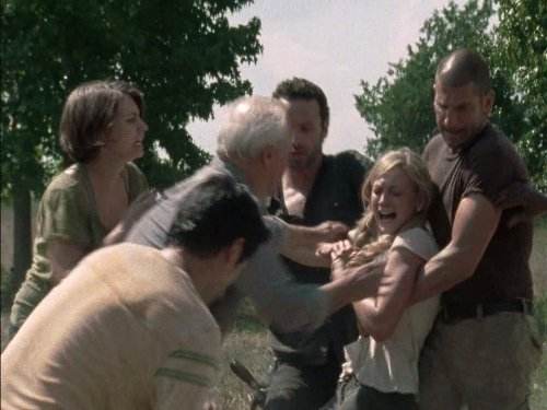 Still of Andrew Lincoln, Scott Wilson, Jon Bernthal, Lauren Cohan, Emily Kinney and Steven Yeun in Vaiksciojantys negyveliai (2010)