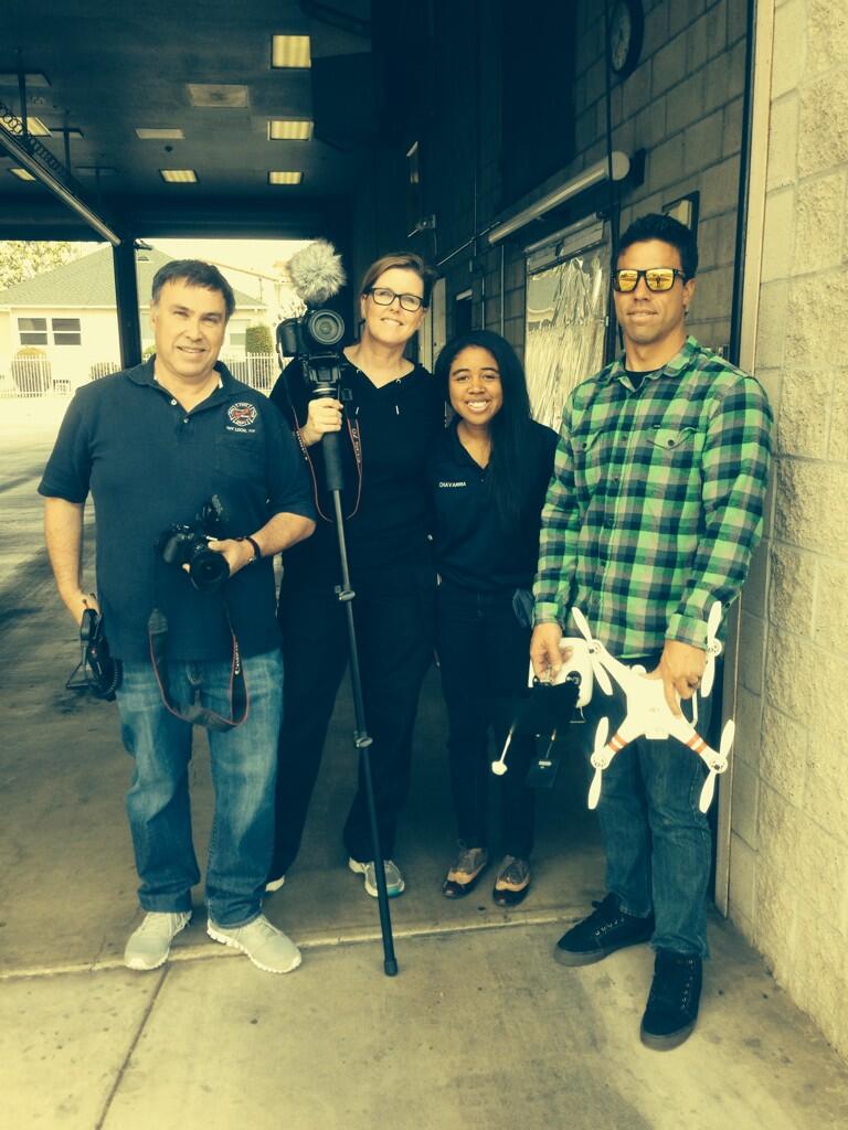 On the set of MySafe:LA's fire safety educational film for older adults in 2014. From left: David Barrett, Cameron Barrett, Javielle Chavarria, Eric Peniata.