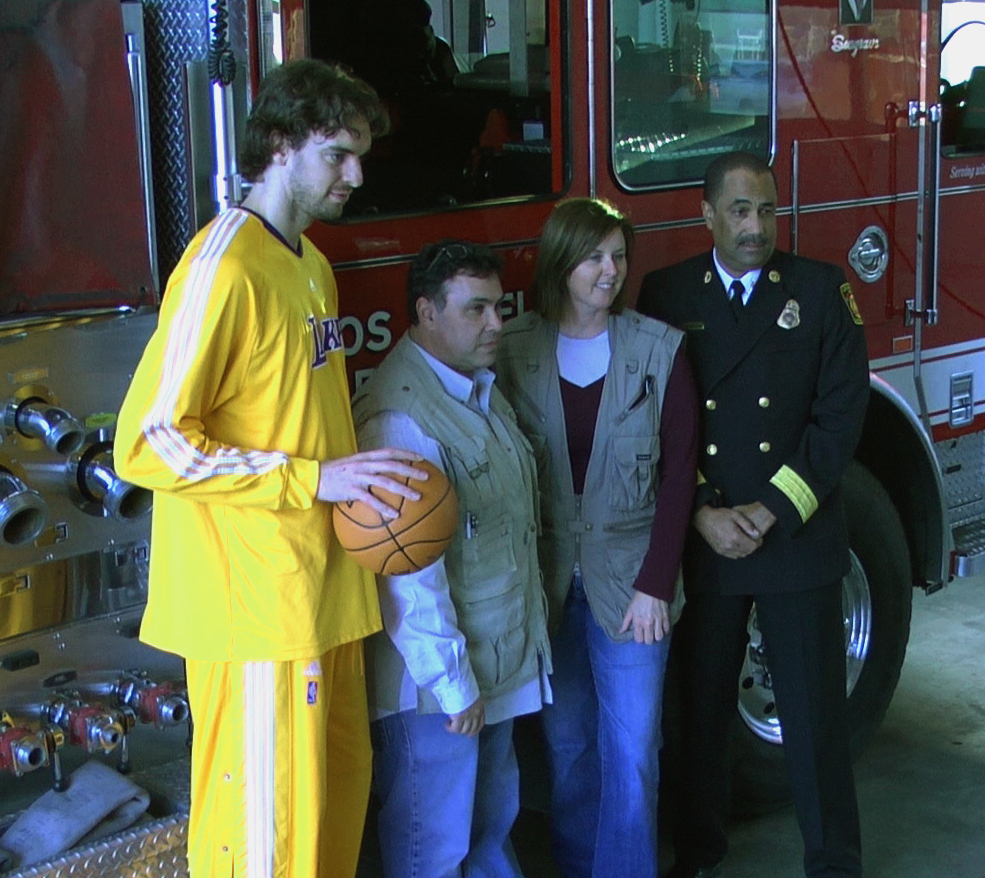 Shooting a fire safety PSA with LAFD Chief Millage Peaks and LA Laker All Star Pau Gasol.