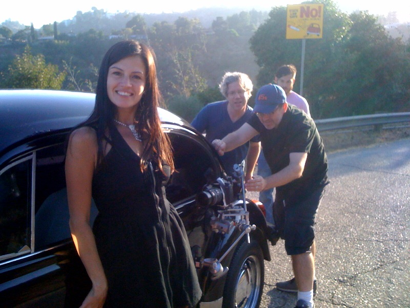 My SuperBettle Spike and I make our driving for film debut in Troubadours. Director Morgan Neville and Producer Eddie Schmidt adjust the car mount! I love indie productions!