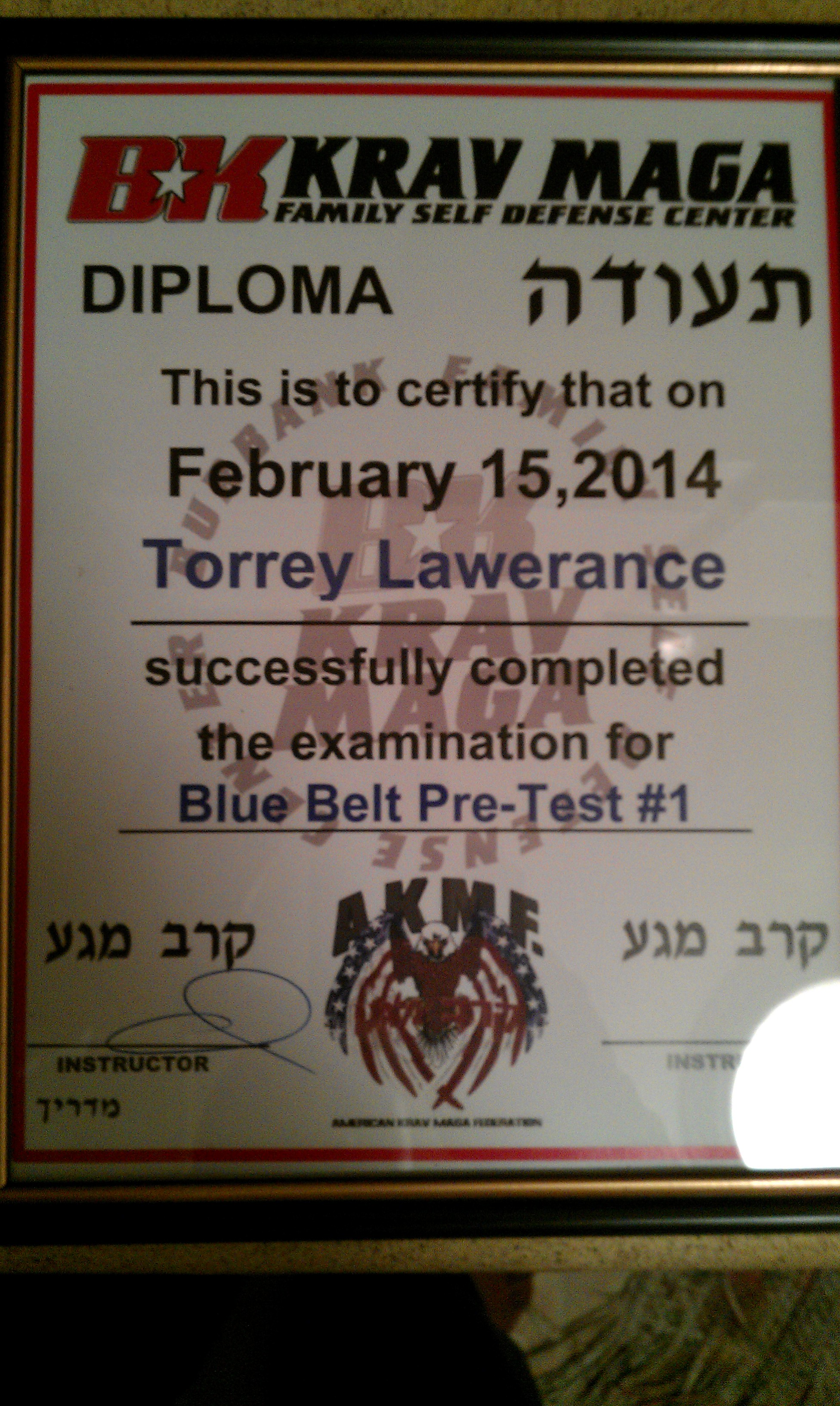 In Feb 2014 I received my certififcate for Blue Belt Pre-Test#1 in Krav Maga