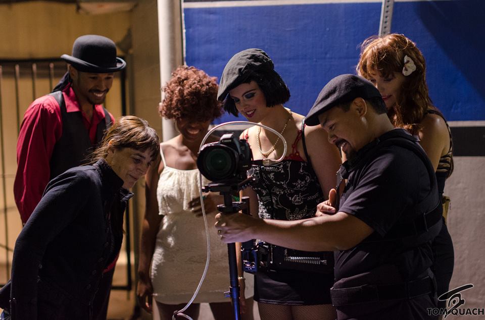 The cast and crew of The Case, watching playback between takes. HIFF 2015.