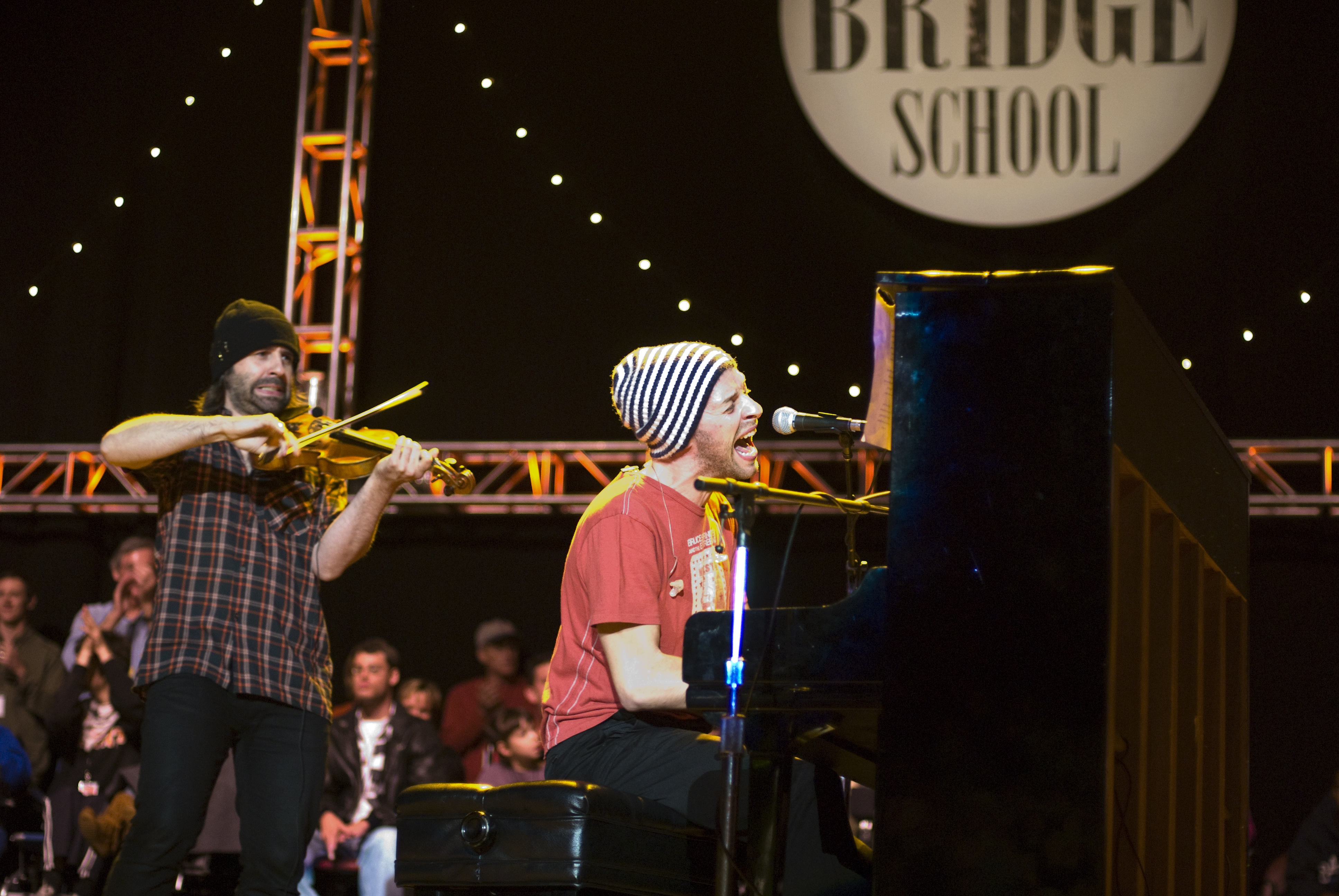 Davide Rossi performing with Chris Martin at Bridge School Benefit, Mountain View, California, October 2009.