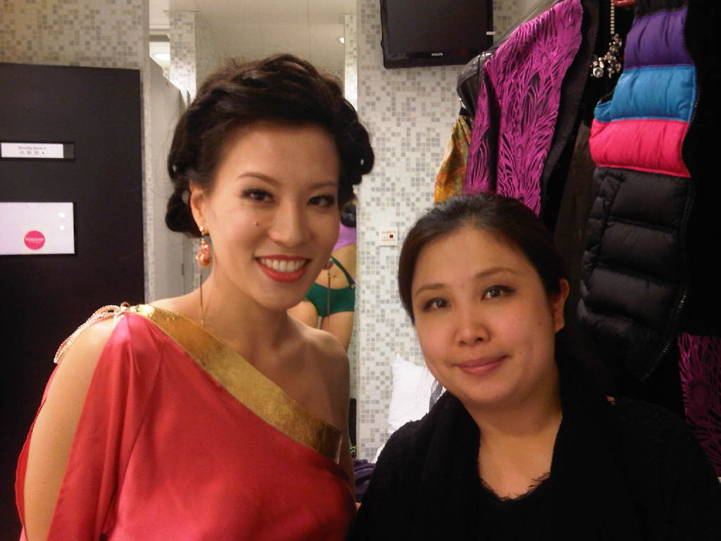 MC'ing the International Pole Dance Championship 2012 Hong Kong. Backstage with hair and make-up artist at the Hong Kong Performing Arts Academy.