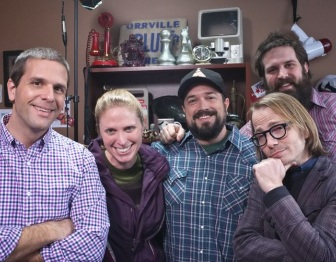 Josh Clark, Lindsey Foster, Chuck Bryant, Brandon Barr and L. C. Crowley on the set of Stuff You Should Know.
