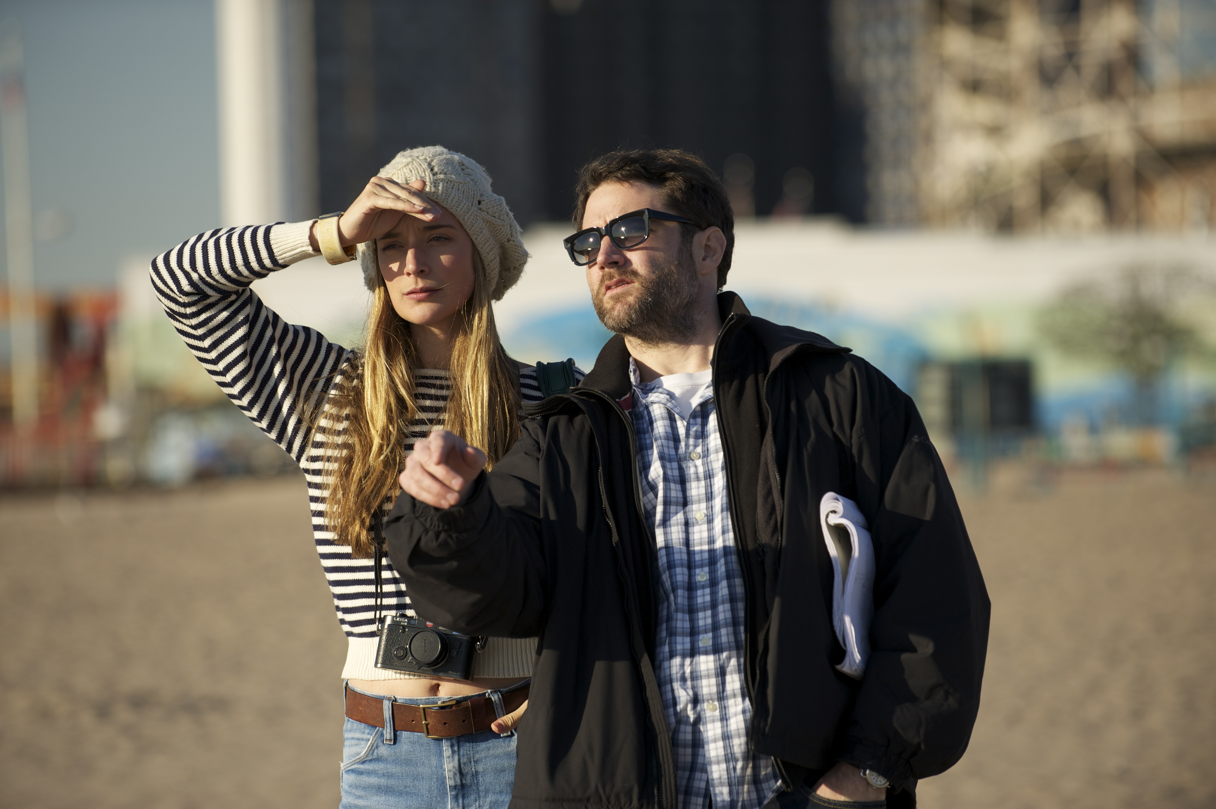 Matthew Watts and Caitlin Fitzgerald on the set of Mutual Friends.