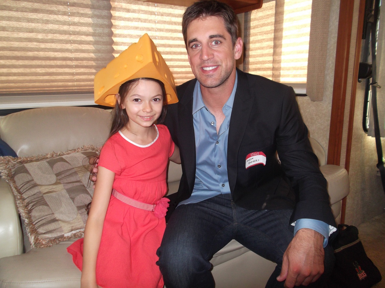 Nikki Hahn and Green Bay Packers Quarter Back, Aaron Rodgers on set of STATE FARM 2012