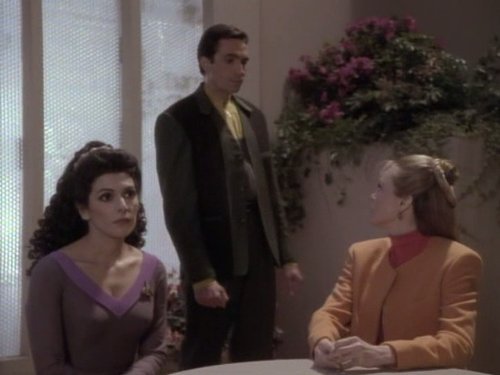 Still of Marina Sirtis, John Snyder and Dey Young in Star Trek: The Next Generation (1987)