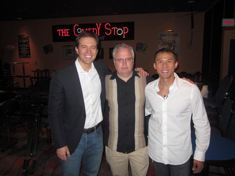 Thom Tran with CBS Early Show reporter Jeff Glor and Producer Andy Merlis at the Comedy Stop in Atlantic City, NJ during the GIs of Comedy Tour. August 2011.