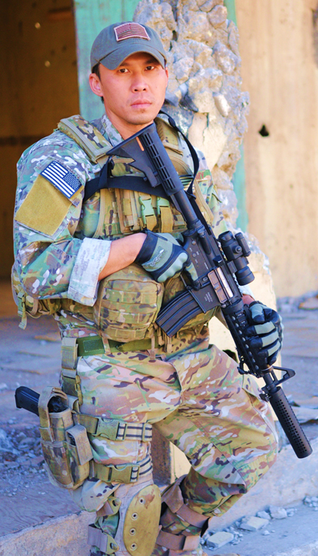 Thom Tran on the set of a US Air Force training video, playing a US Army Special Forces Operator.