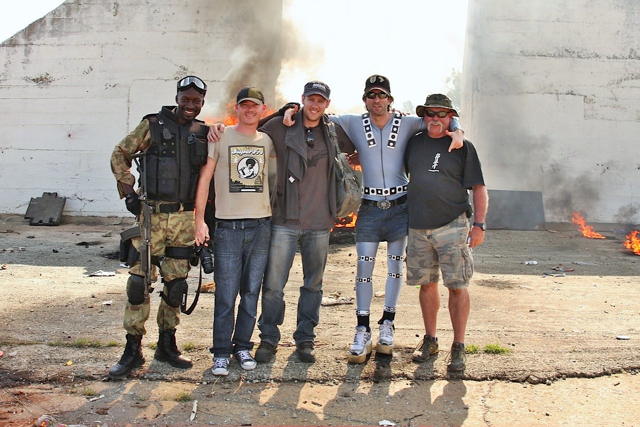 Eugene Khumbanyiwa with Sharlto Copley (Second from right), Neill Blomkamp & Jason cope , during test shoot