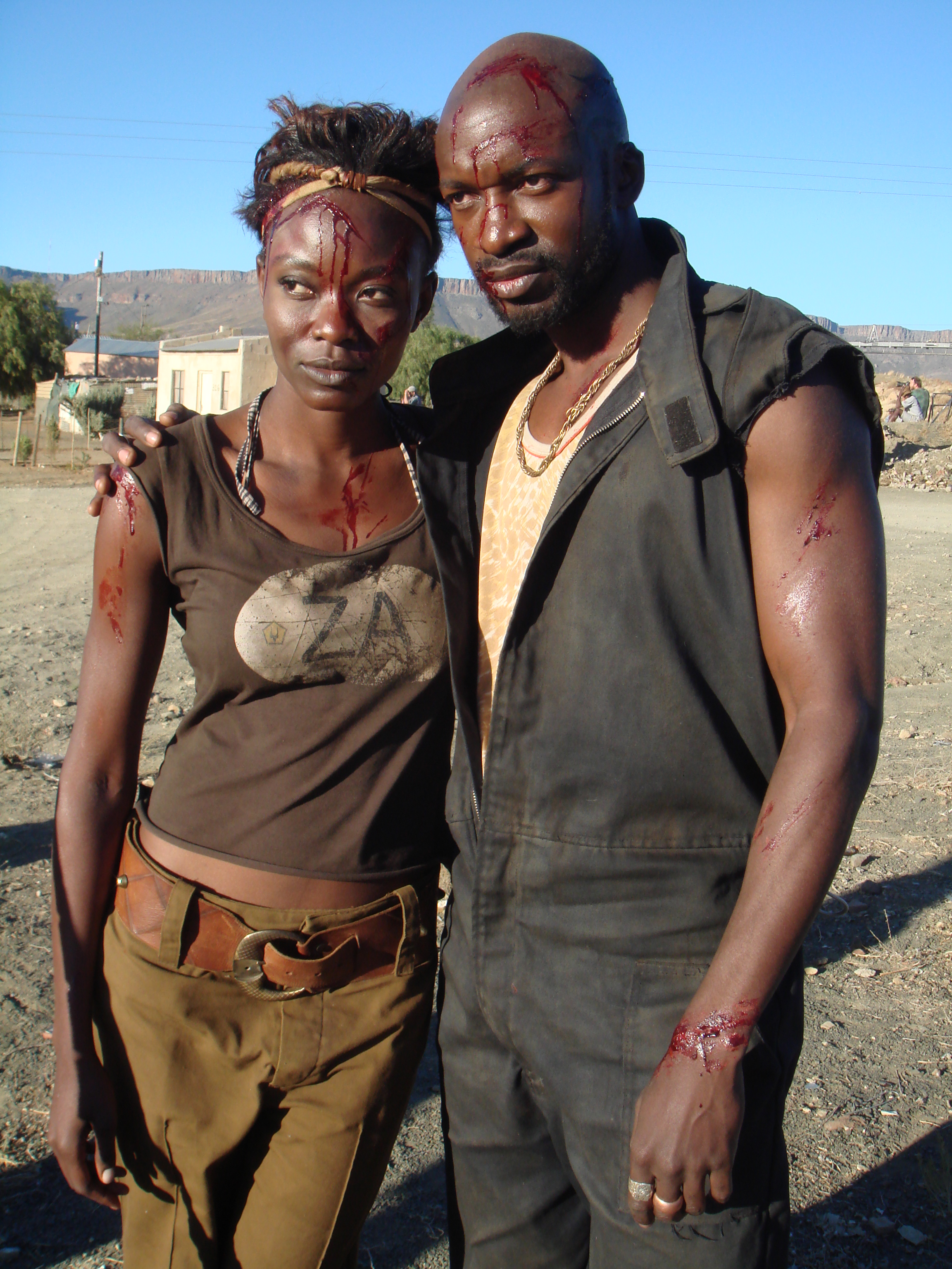 Eugene khumbanyiwa as Nero and Ebby Weyime as Maria on Death race 3 set. Cape town, South Africa. Nov 2011.