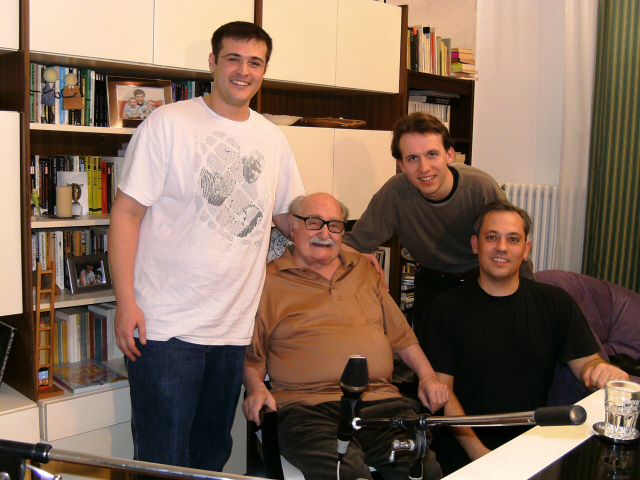 The German-Jewish animation director Kurt Weiler with his grandson Moritz, producer David Seffer and sound engineer Matthias Heise during making interviews for a documentary