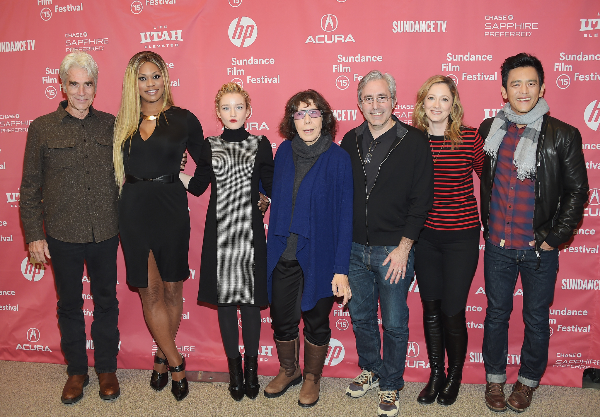 Sam Elliott, Lily Tomlin, John Cho, Judy Greer, Paul Weitz, Laverne Cox and Julia Garner at event of Grandma (2015)