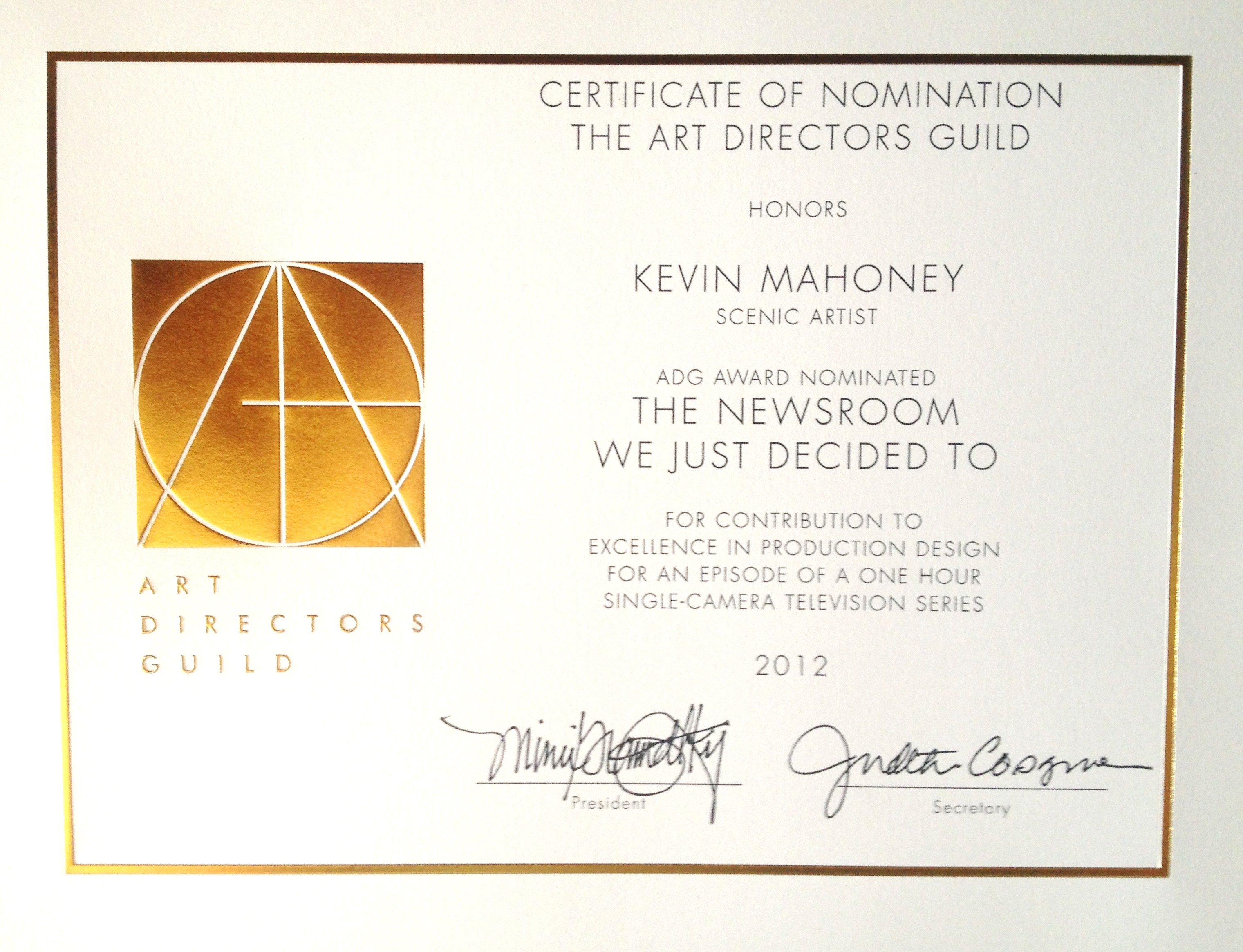 Production Design Awards 2012 Scenic Artist Nomination Certificate 