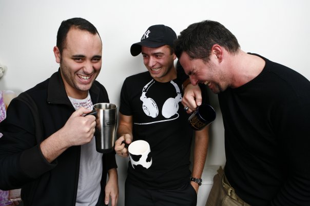 Actors: Jerome Commandeur, Arnaud Ducret, Romuald Boulanger on a set.