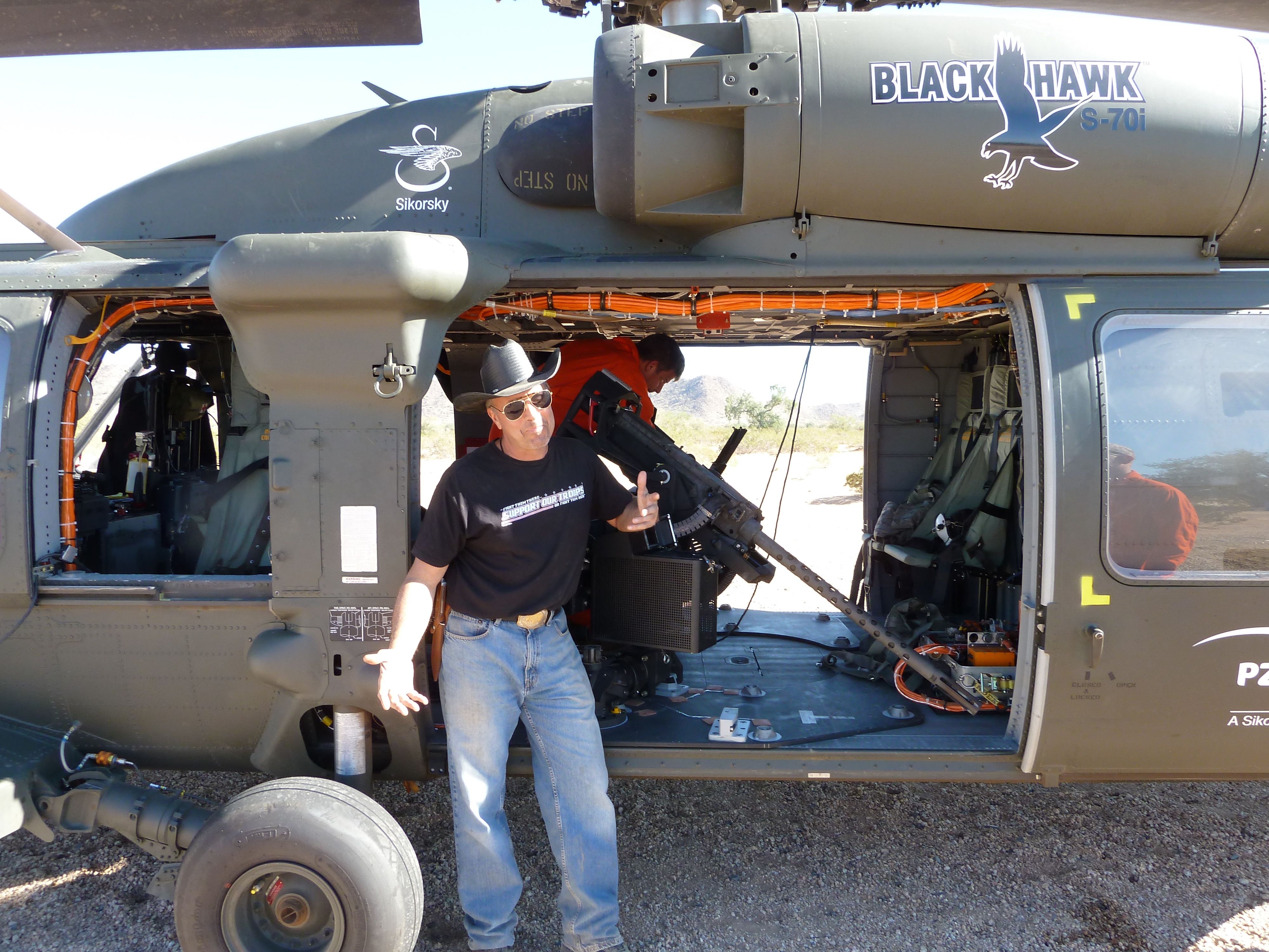 In AZ desert training with Sikorsky Blackhawk and crews and US military and Dillon gov contractor miniguns at dads private military place and 50 cal auto 'Borderline 'God Bless America and all our troops !