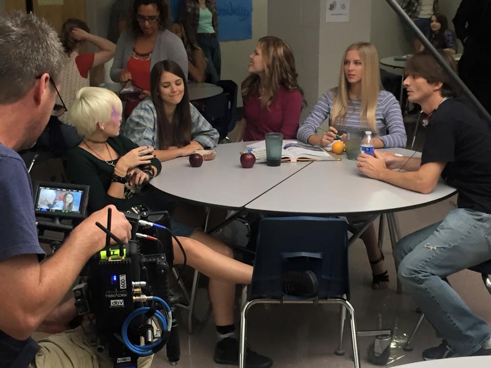 Taylor Kalupa on the set of I'm Not Ashamed in Nashville with director Brian Baugh and actresses Victoria Staley, Masey McLain, and Emma Elle Roberts.
