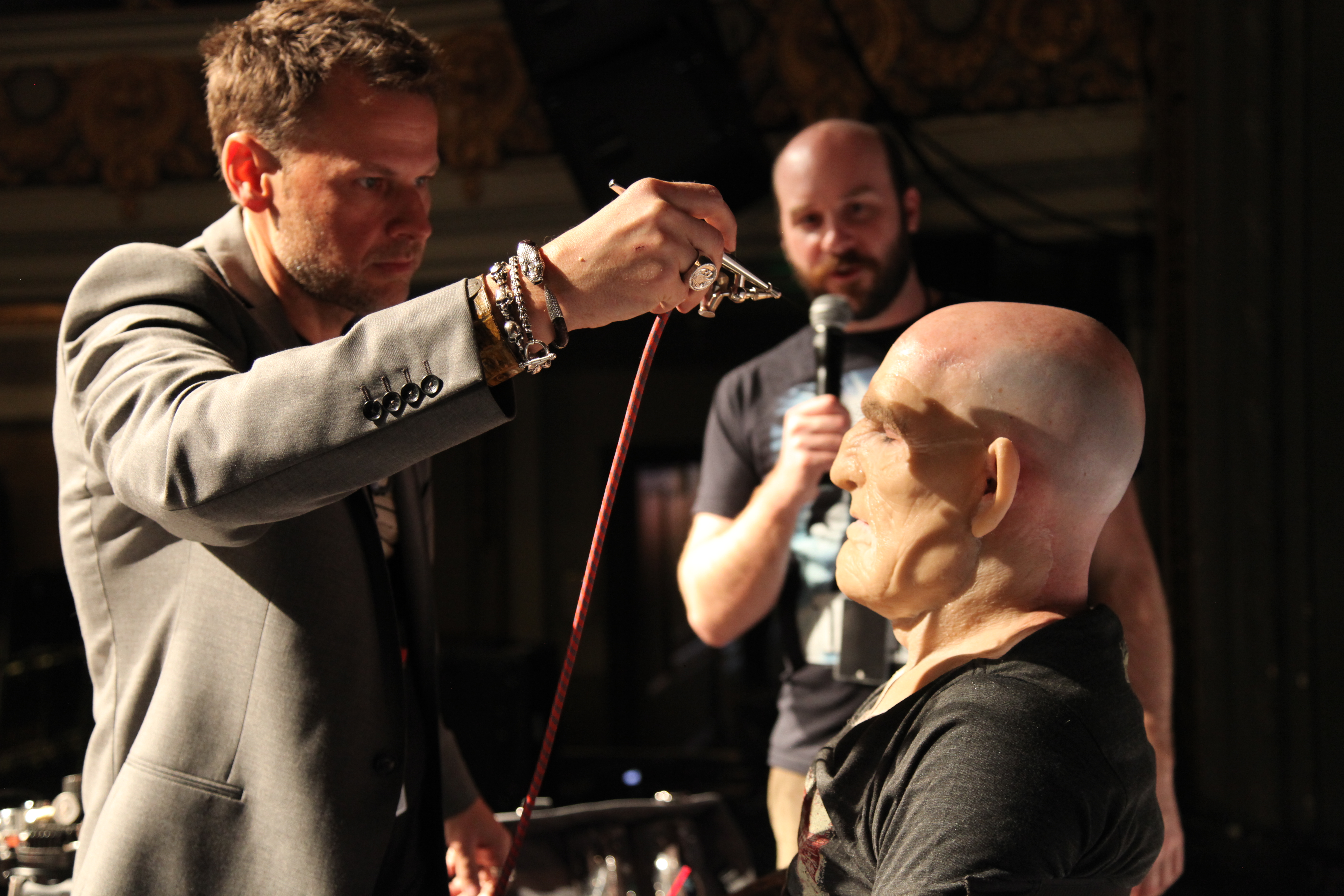 Onstage at Kirk Hammett's Fear FestEVIL! Joel Harlow (left), Jack Bennett (background) and Scott Ian (in makeup).