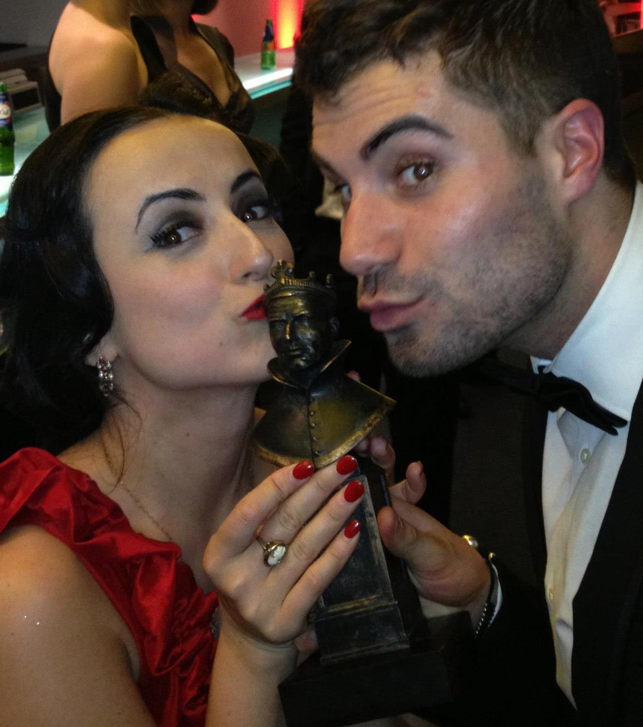 Siobhan Daly and producer Tom Powis with the Olivier Award for Goodnight Mr Tom.