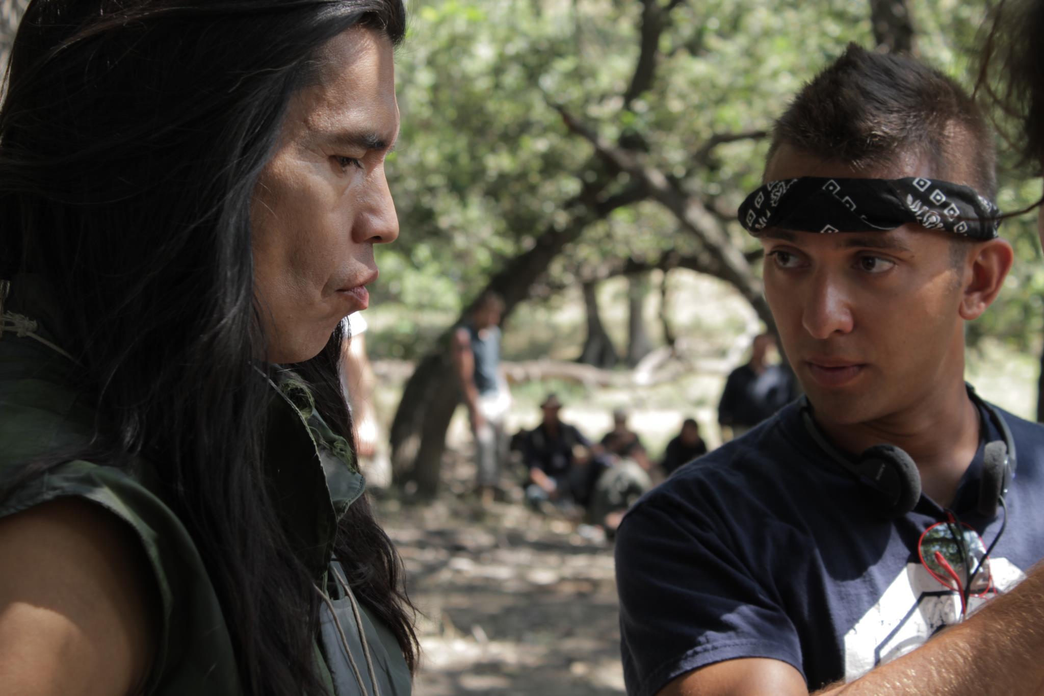 Blocking a stunt with David Midthunder (The Last Stand, Comanche Moon) on the set of 'Dust of War'