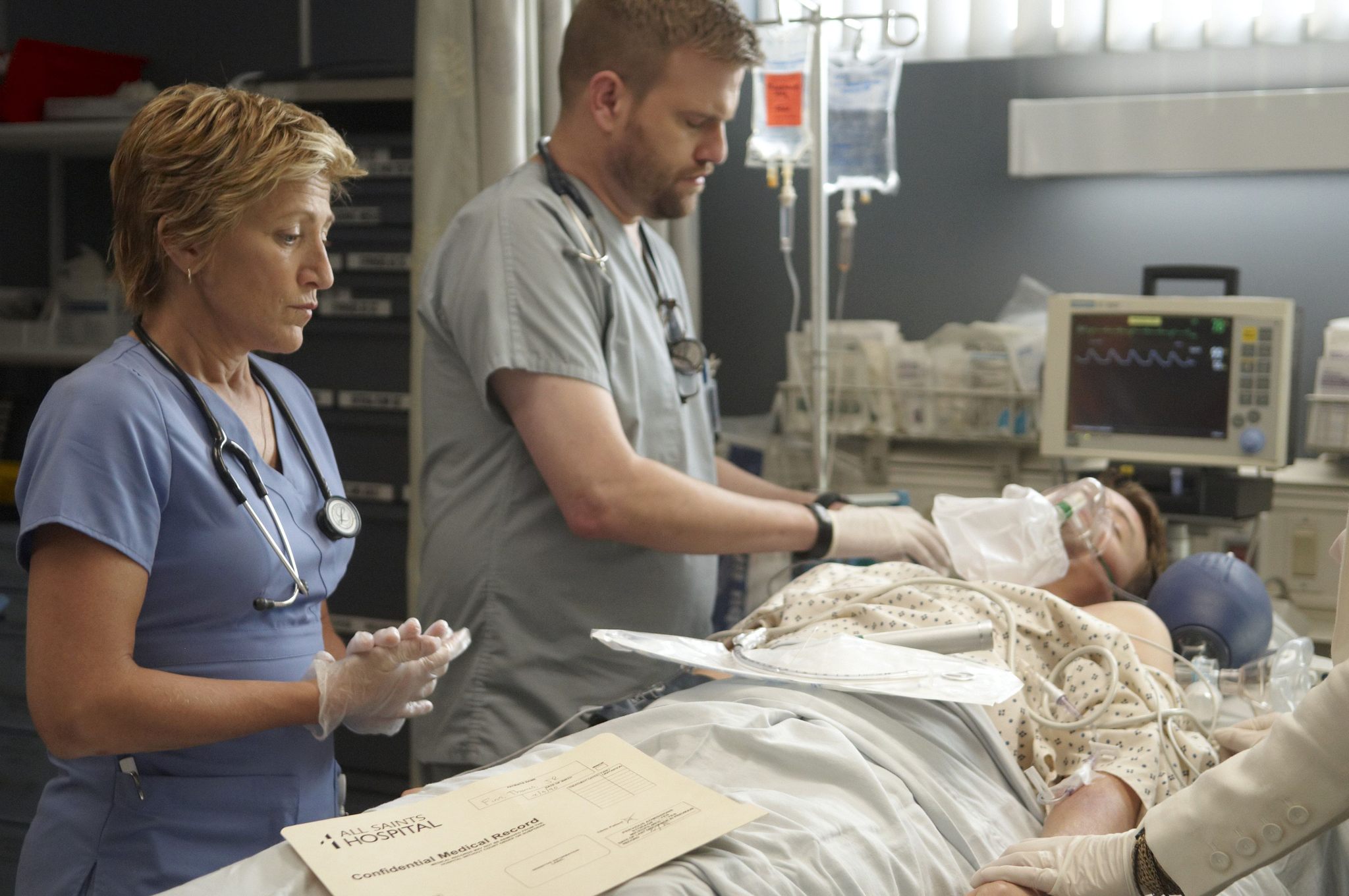 Still of Edie Falco and Stephen Wallem in Nurse Jackie (2009)
