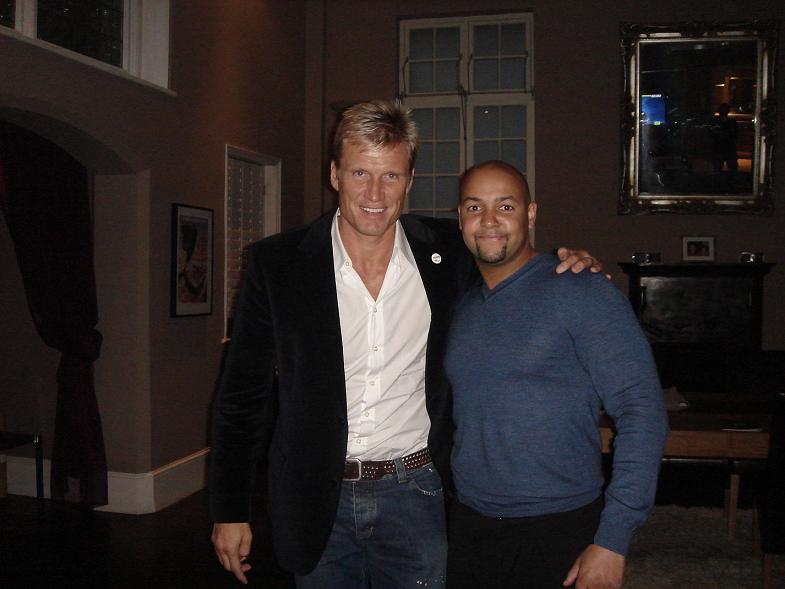 EXPENDABLES & ROCKY 4 star Dolph Lundgren with Producer Martin J Thomas at the Goliath Productions Ltd offices, London.