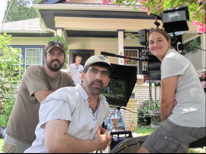 Jose sets up a shot with first AC Kelly Wright, and dolly grip Matt Byrnes.