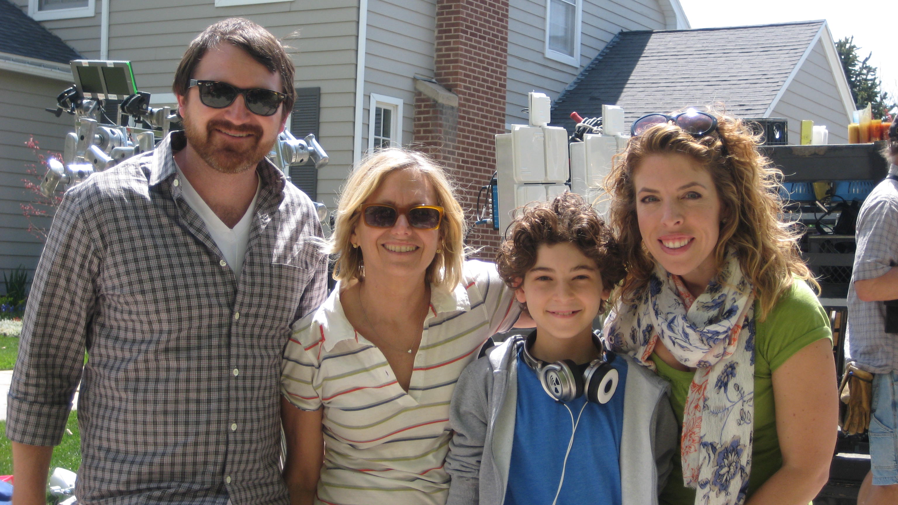 David Mazouz with (from left) Producers, Sean Geselle, Janet Zucker & Director Kristin Hanggi on Dear Dumb Diary