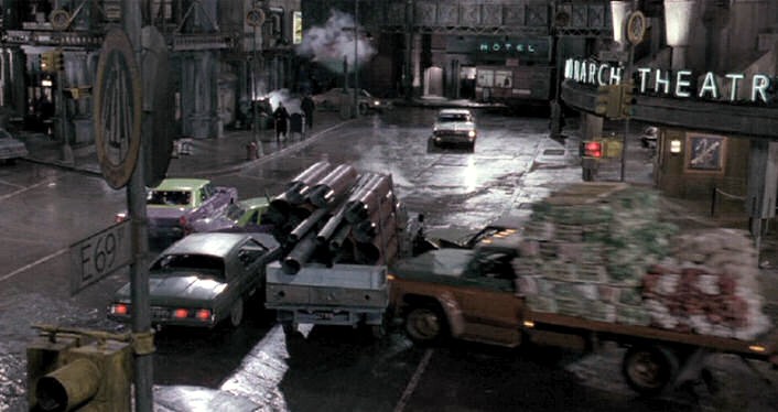 Batman the movie 1989 Christian Wolf La'Moy driving the 1973 Chevrolet Impala 350 Custom Coupe Green on Green . That construction truck hit the Chevy hard. One of my Joker's cars (Dodge 3700GT was badly damaged in this Stunt!