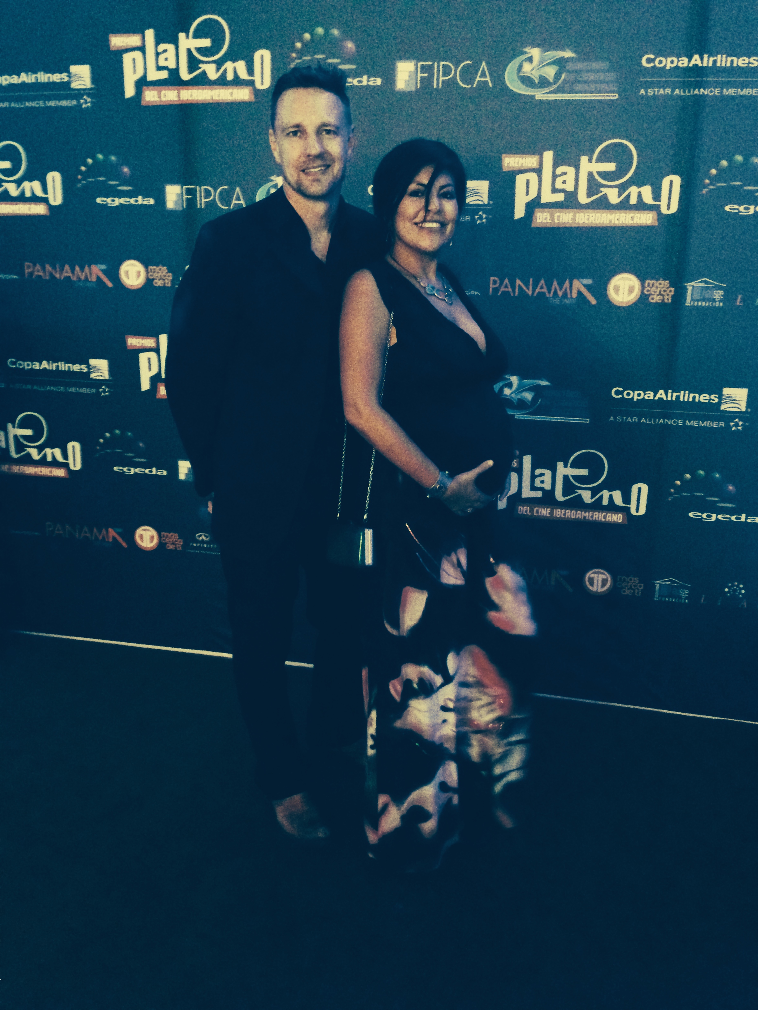 (L-R) Directors Daniel Fallshaw and Violeta Ayala attend the Premios Platino in Panama City on April 5, 2014.