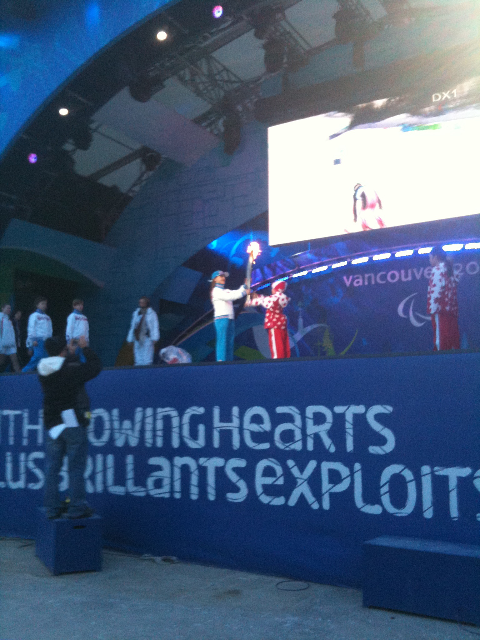 Passing the torch to the Russian city of Sochi at the 2010 Paralympic closing ceremonies. (Rehearsal)