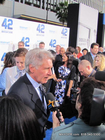 Harrison Ford talk to the media on premiere night for Warner Bros. Legendary Pictures Production of 
