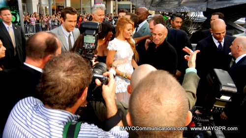 Director Martin Campbell poses for a photo with Blake Lively, Tim Robbins in background, Ryan Reynolds center left, at Green Lantern Premiere in Hollywood, CA.See slide show @ www.MAYOPR.com.