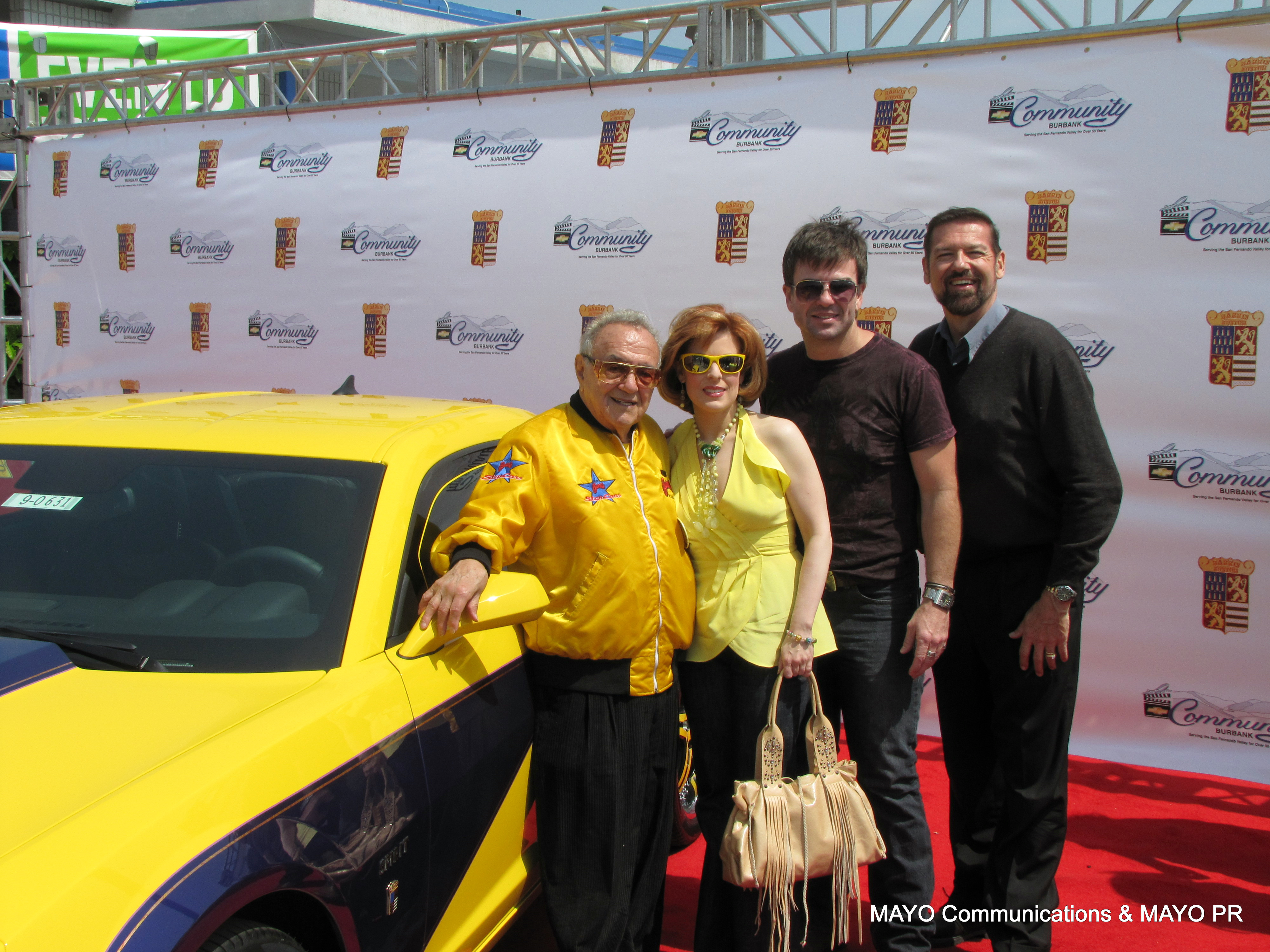 (L-R) George Barris, Barris Kustom, Kat ramer,actress,producer, James Pitt (Avatar) and George Mc Quade at the USA Premiere of the 201 Chevrolet Camaro 