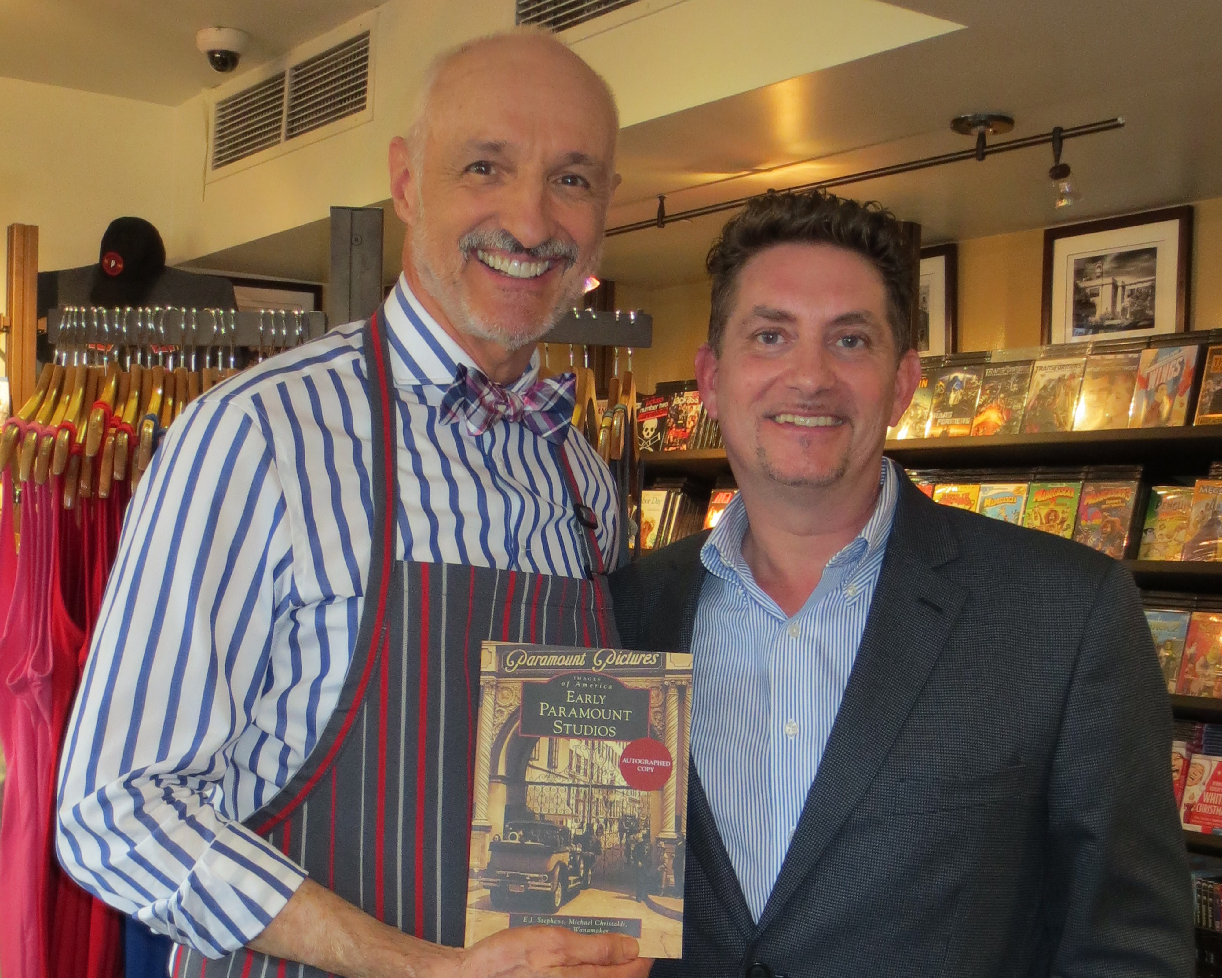 Michael Gross of the TV series Family Ties on a break from filming the new show Grace and Frankie in the Studio store at Paramount Pictures buying a copy of Early Paramount Studios when he runs into the books author Michael Christaldi.