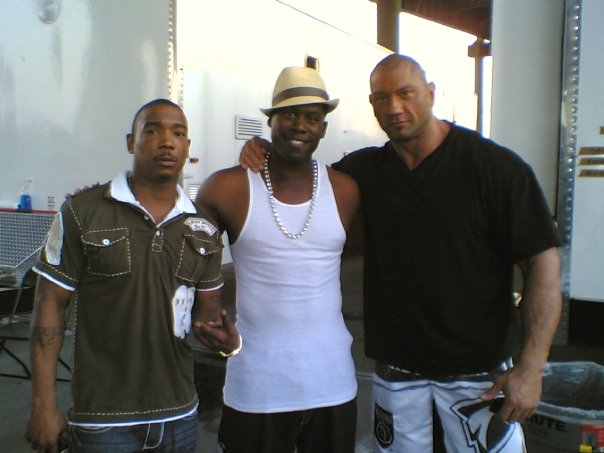 Cedric Burton in the middle, off set before filming of Wrong Side of Town with Ja Rule and WWE wrestler and actor Batista.