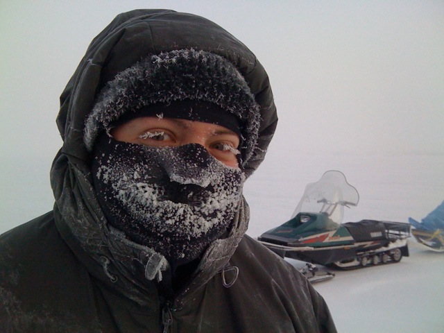Sergio Olivares staying warm in Canadian North.