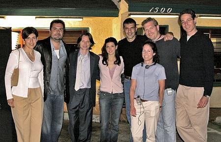 Morris Ruskin on the set of Marilyn Hotchkiss Ballroom Dancing and Charm School.((L-R) Karina Gidi, Alex Flores, Robert Carlyle, Marisa Tomei, Carlos Gidi Blanchet, Jody Savin, Randy Miller, Morris Ruskin.)