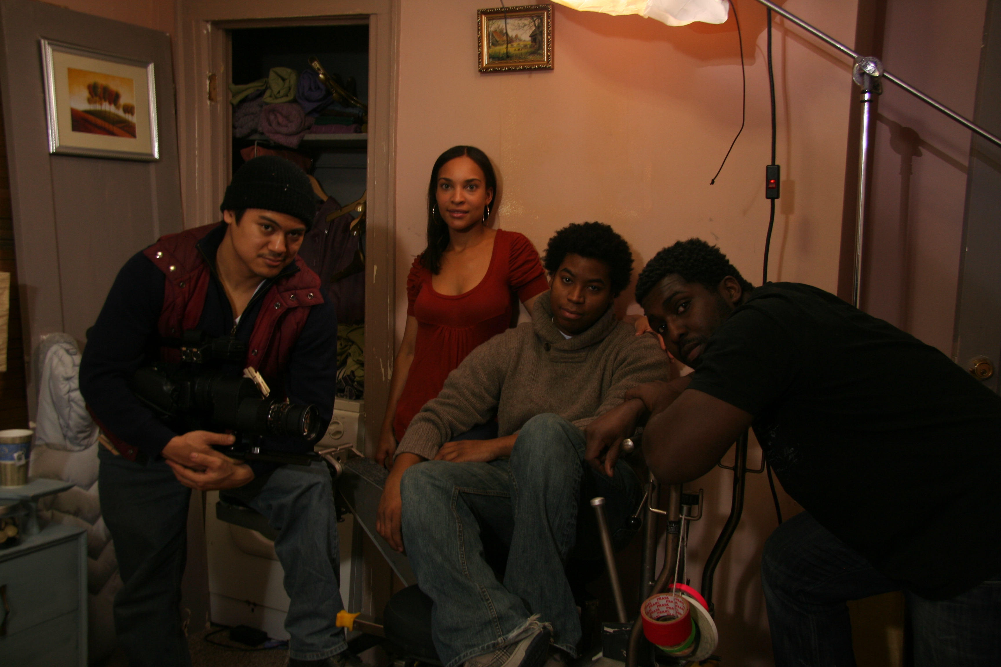Shooting The Roe Effect. (l to r) Director of Photography Alan Blanco, Actress Nia Fairweather, Writer-Director Kiel Adrian Scott and Production Designer Kevin Kedroe.