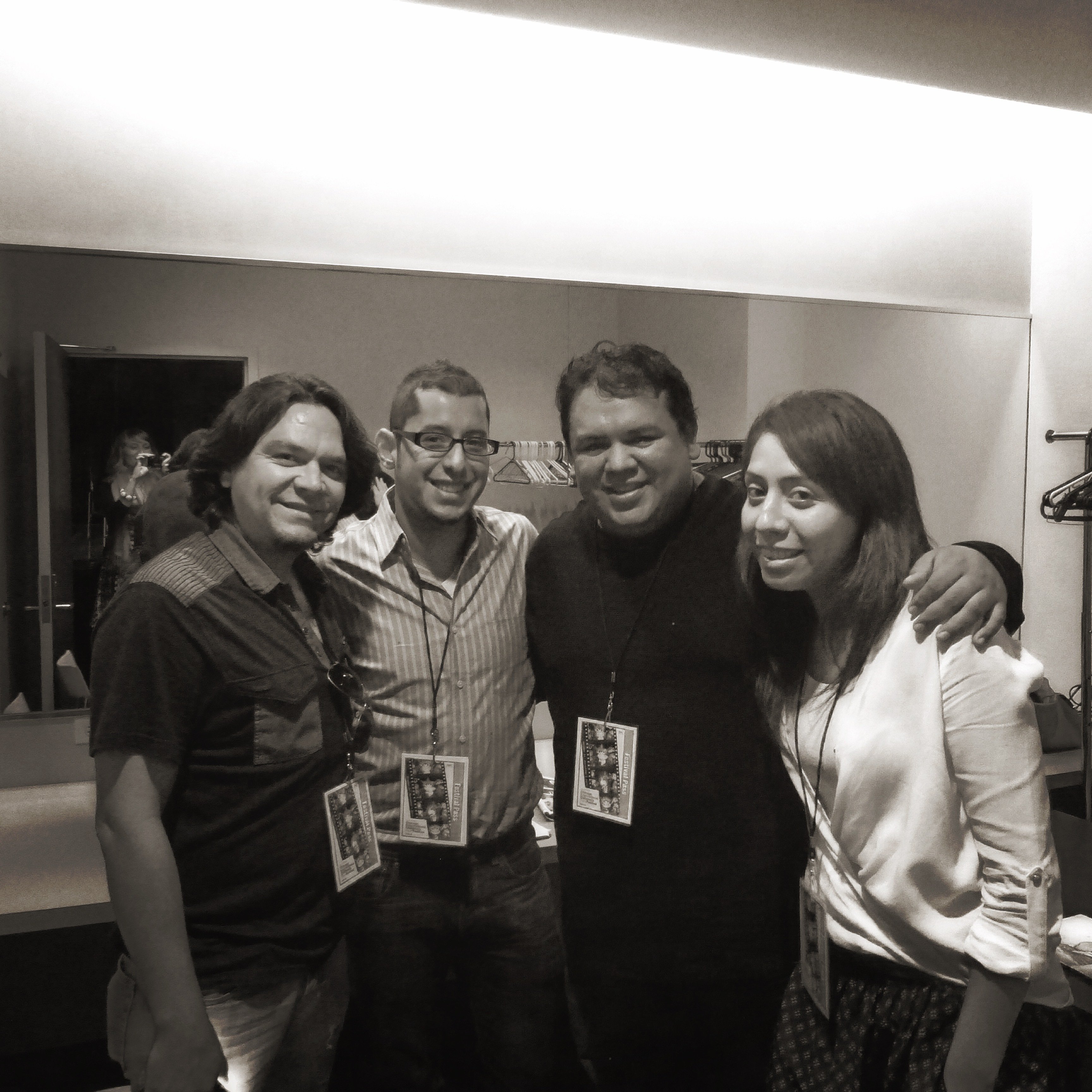 SecuenciaFi production company at the Instituto Cervantes dressing room, getting ready to answer children's questions about The Drawing of Language, exhibited at the Chicago International Children's Film Festival, 2014.