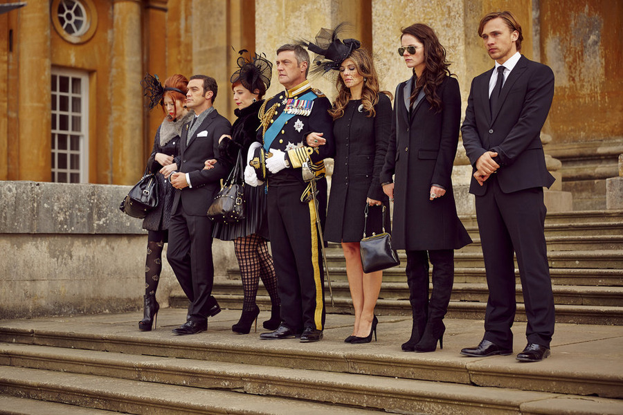 Still of Elizabeth Hurley, William Moseley, Vincent Regan and Alexandra Park in The Royals (2015)