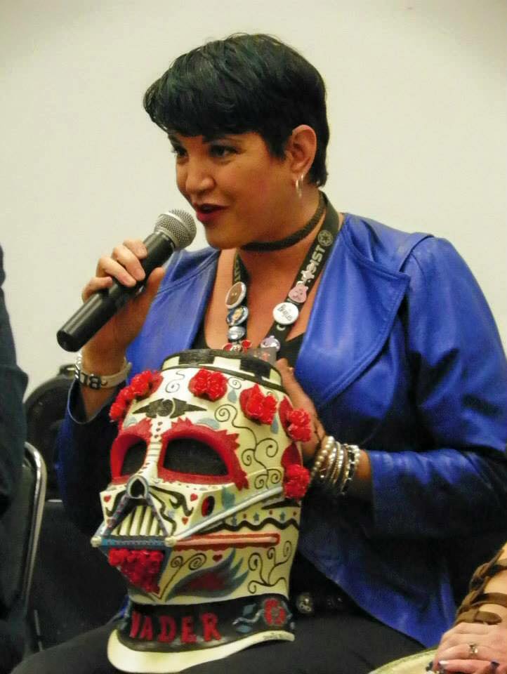 Denise Vasquez discussing the making of her Glow in the dark Day of the dead style Vader Helmet during Star Wars Celebration Anaheim