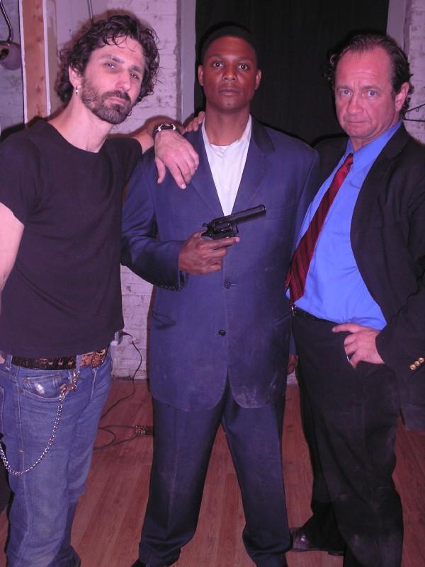 Mark Davis (Sam), Harold Dennis (Detective Ken Marshall) and Bill Stoneking (Congressman Matthew Walden) behind the scenes of the thriller, 