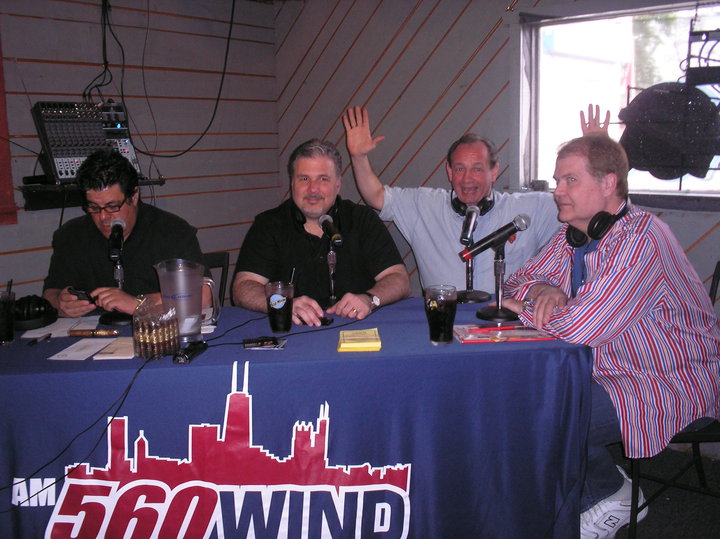 Geoff Pinkus (host), Frank Mahony (co-host), Actor Bill Stoneking and the Godfather of Sports Talk Radio, Chet Coppock commiserate at a live remote broadcast on WIND-AM560 in Chicago.